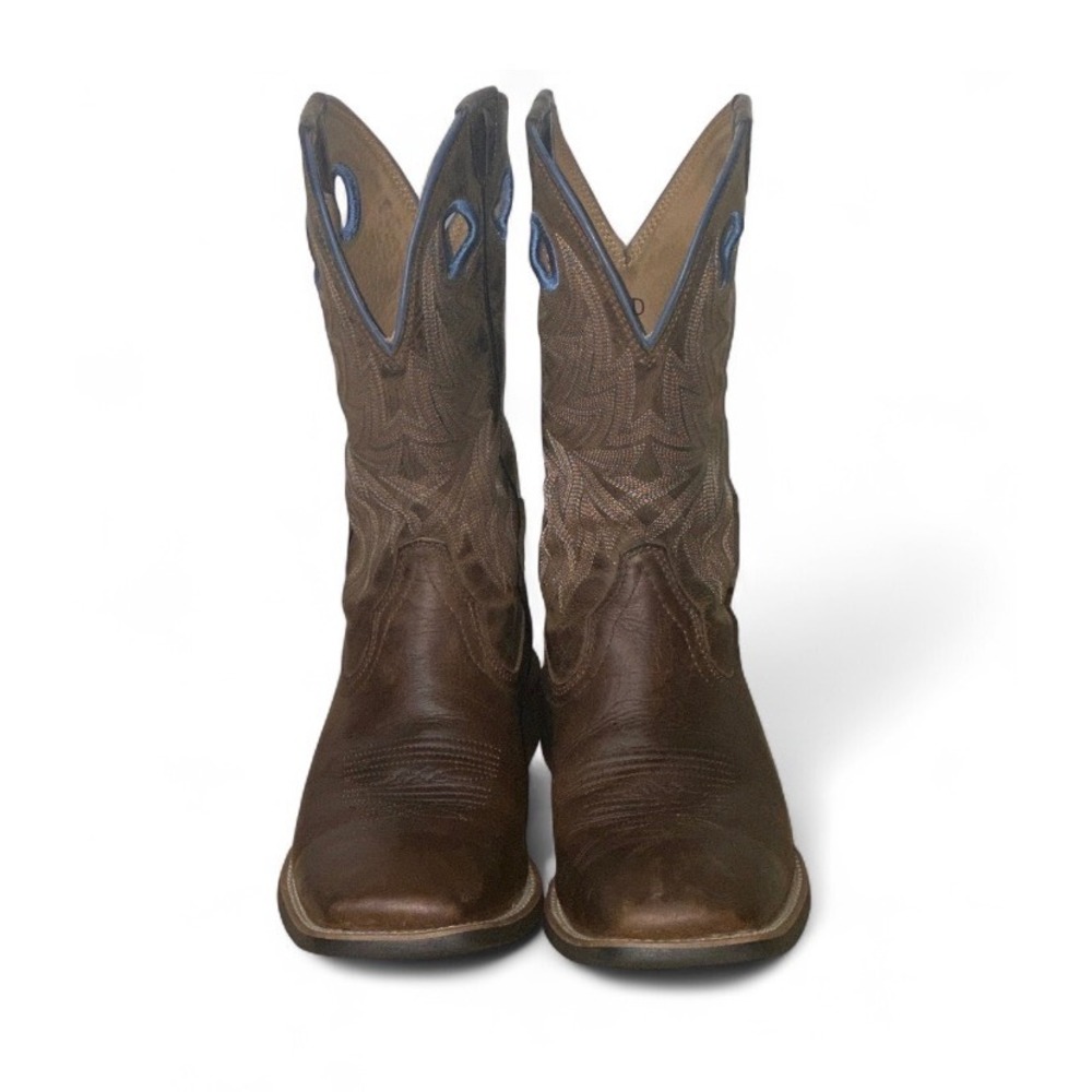 Brown Leather Cowboy Boots Square Toe Western Stitching Detail 9.5D‎